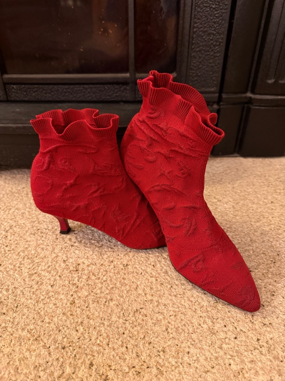 Red Knit Ruffle Ankle Booties